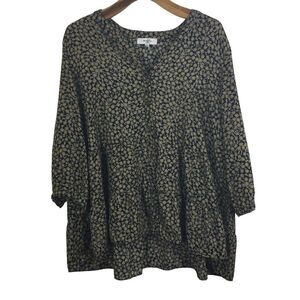 Moa moa Womens Floral V-Neck 3/4 Sleeve Button Down Blouse Top Brown/Black 3X